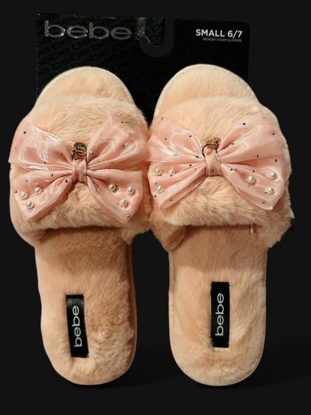Bebe Faux Fur Fsux Pearl Bow Slipper Slides 6/7 New